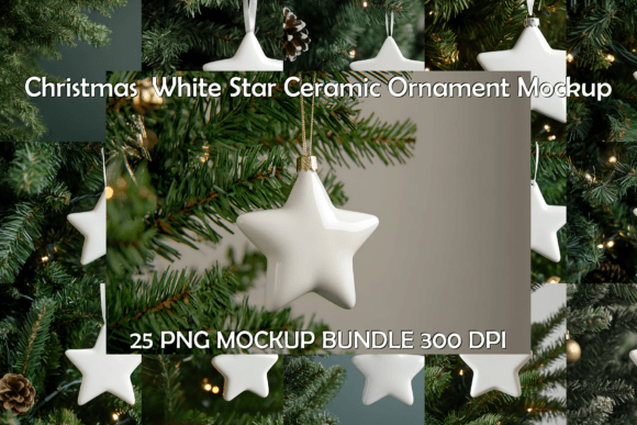 Christmas White Star Ceramic Ornament Mockup Bundle